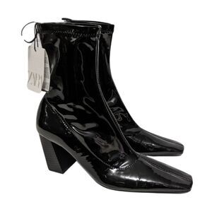 NWT ZARA Patent Angled Heel Stretch Sock Ankle Boots 38